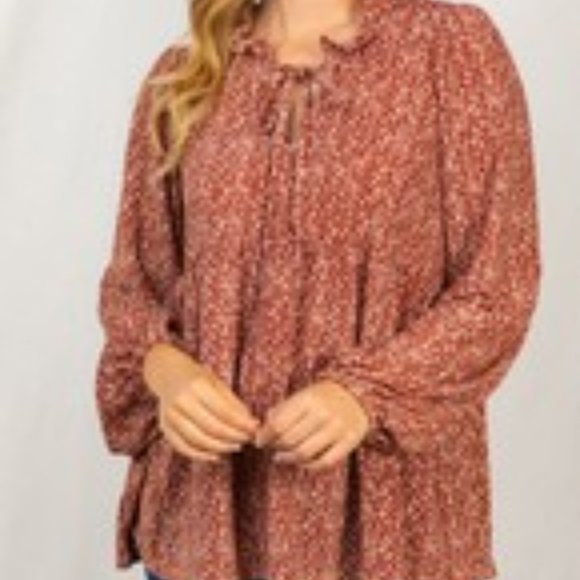 Rust Colored, Floral Baby Doll Top, with Bell Long Sleeve - Picture 5 of 5